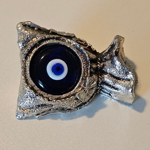 Vintage Turkish Evil Eye Paperweight Silver Metal and Blue Glass - Picture 2 of 9